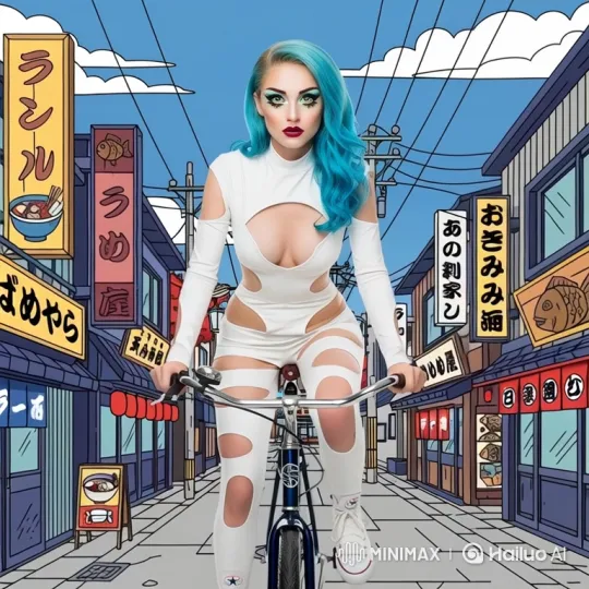 Vibrant Woman Pedals Through Animated Cityscape – AI Generated Video | Hailuo AI