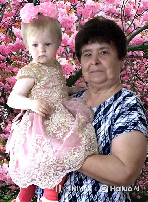 Grandmother and Granddaughter Embrace Amidst Cherry Blossoms and Angel Wings – AI Generated Video | Hailuo AI