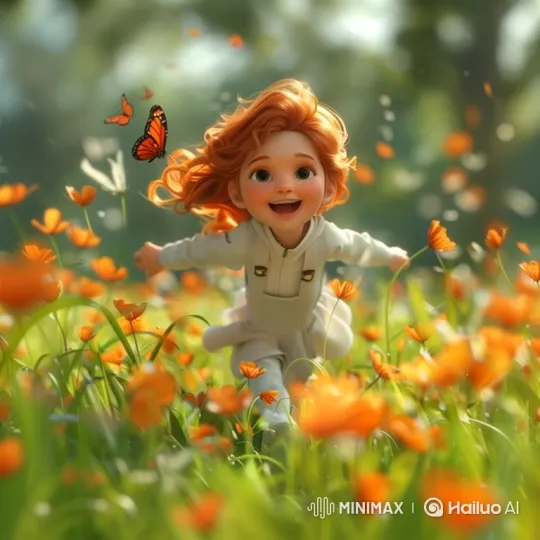 Joyful Young Girl Chases Butterfly in Colorful Garden – AI Generated Video | Hailuo AI
