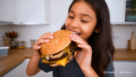 Joyful Girl Delights in Tasting Giant Mushroom Burger – AI Generated Video | Hailuo AI
