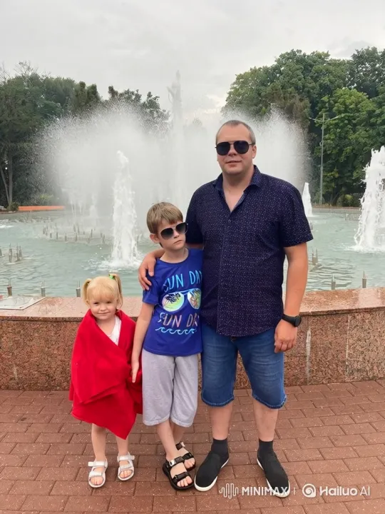 Family Celebrates in Front of Pulsing Fountain – AI Generated Video | Hailuo AI