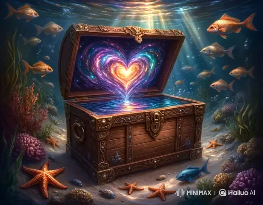 Underwater Treasure with Cosmic Heart and Golden Fish – AI Generated Video | Hailuo AI