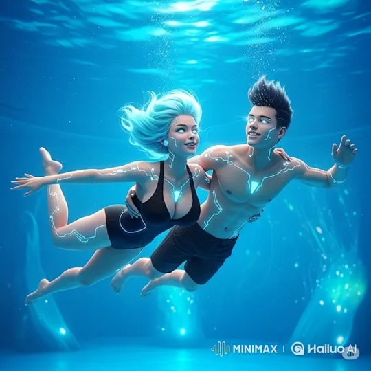 Futuristic Couple Swimming Gracefully in Luminous Water – AI Generated Video | Hailuo AI