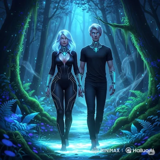 Futuristic Couple Walks Through Enchanted Forest at Night – AI Generated Video | Hailuo AI