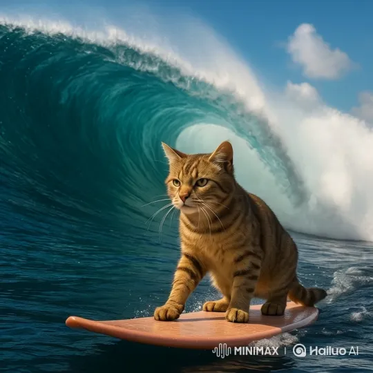 Hyper-Realistic Cat Surfs Majestic Wave in Slow Motion – AI Generated Video | Hailuo AI