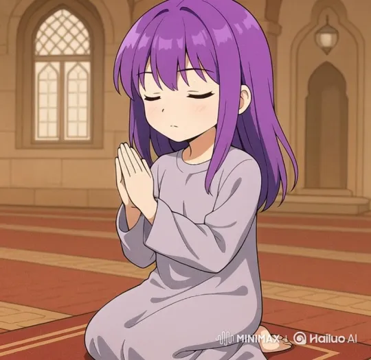 Young Girl in Prayer Pose Stands and Walks in Spacious Hall – AI Generated Video | Hailuo AI