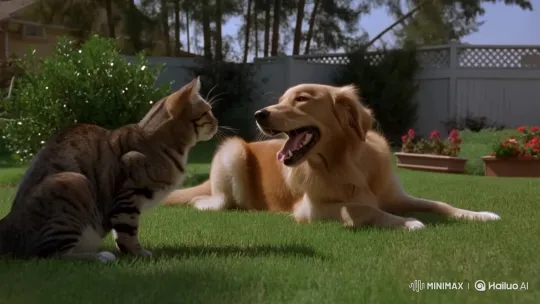 Cat and Dog Tense Standoff in Backyard Ends with Cat's Escape – AI Generated Video | Hailuo AI