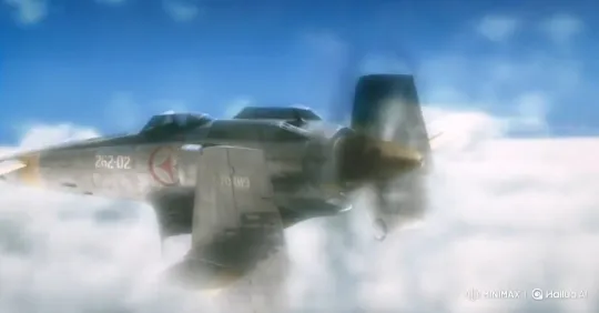 Aerial Tracking of Propeller Fighter Plane in the Sky – AI Generated Video | Hailuo AI
