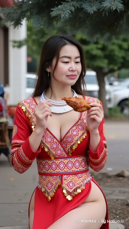 Woman Enjoying Fried Chicken in a Vibrant Dress – AI Generated Video | Hailuo AI