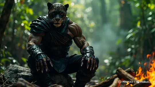 Powerful Panther Warrior Embraces Rain in Dense Jungle – AI Generated Video | Hailuo AI