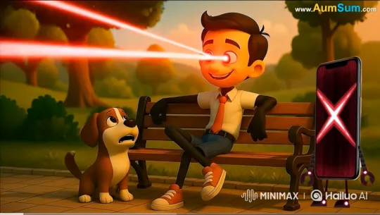 Cartoon Boy Destroys Smartphone with Eye Lasers – AI Generated Video | Hailuo AI