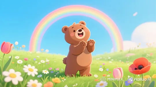 Joyful Bear Celebrates in Rainbow-Filled Meadow – AI Generated Video | Hailuo AI