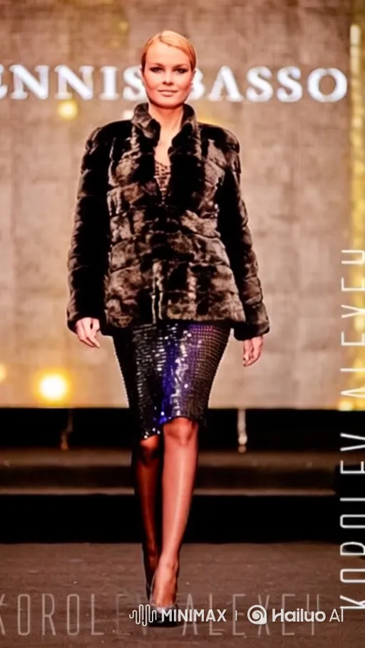 Luxurious Fur Jacket and Glittering Skirt Fashion Show Walk – AI Generated Video | Hailuo AI