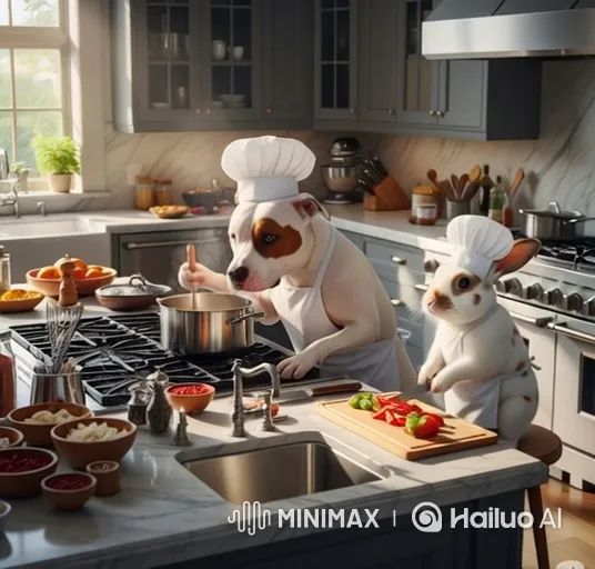 Animals in Chef's Attire Perform in a Kitchen – AI Generated Video | Hailuo AI