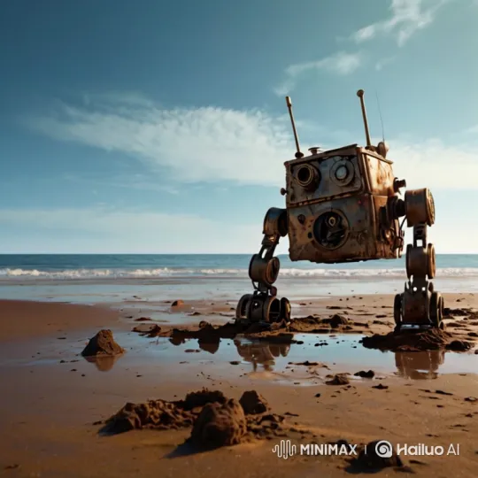 Rustic Robot Walks on Tranquil Beach – AI Generated Video | Hailuo AI