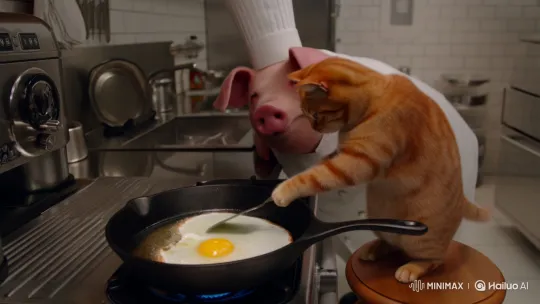 Orange Cat and Pig Chef Cook Fried Egg in Modern Kitchen – AI Generated Video | Hailuo AI
