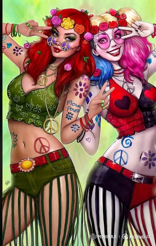 Harley and Ivy: Peaceful Hippie-Inspired Dance Illustration – AI Generated Video | Hailuo AI