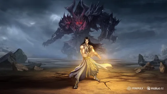 Epic Battle: Cultivator vs. Demon God on Stormy Battlefield – AI Generated Video | Hailuo AI