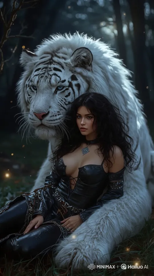 Mysterious Woman and White Tiger in Enchanted Forest – AI Generated Video | Hailuo AI