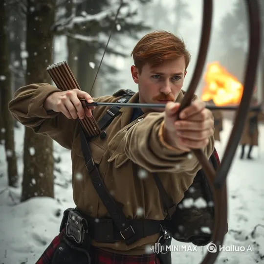 British Officer Draws Longbow in Snowy Forest – AI Generated Video | Hailuo AI
