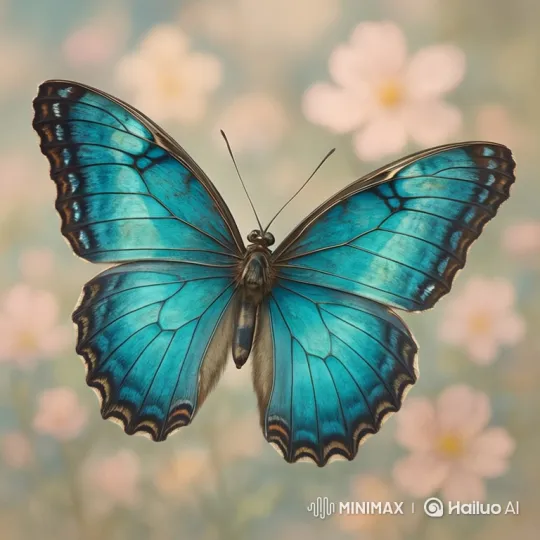 Blue Morpho Butterfly's Graceful Flight in Floral Setting – AI Generated Video | Hailuo AI