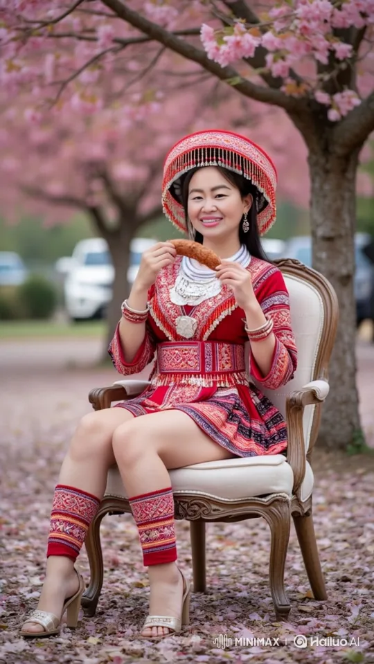 Woman Enjoying Traditional Food Under Blossoming Tree – AI Generated Video | Hailuo AI