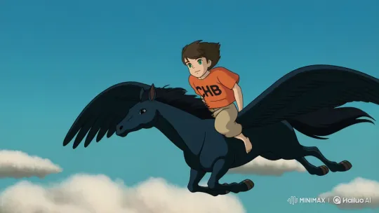 Boy Flies Through Sky on Black Pegasus – AI Generated Video | Hailuo AI