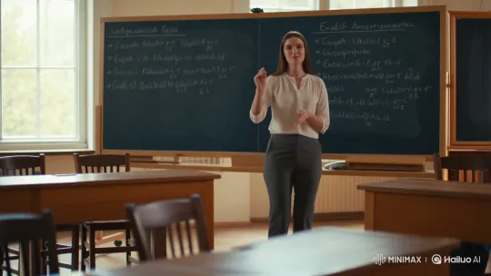 Female Teacher Teaching English in Bright Classroom – AI Generated Video | Hailuo AI