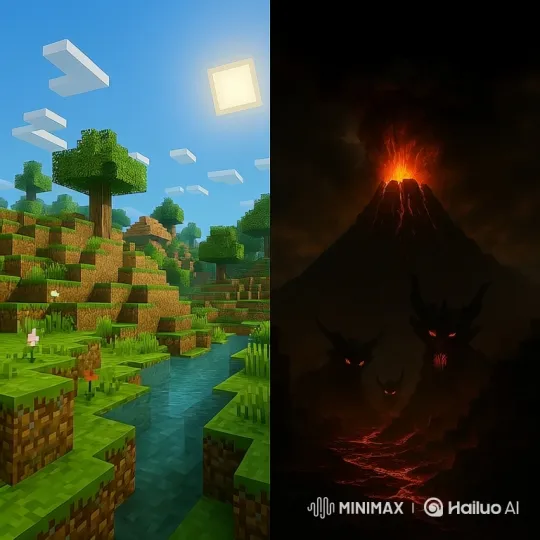 Transition from Serenity to Darkness in a Blocky World – AI Generated Video | Hailuo AI