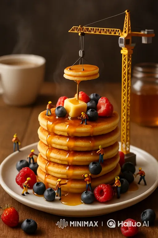 Whimsical Stop-Motion: Pancake Construction by Tiny Workers – AI Generated Video | Hailuo AI
