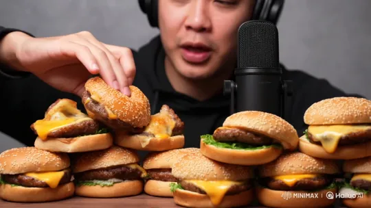 Man Eats Burgers for ASMR Mukbang Video – AI Generated Video | Hailuo AI
