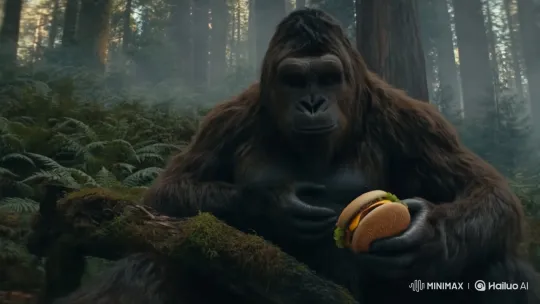 Bigfoot Enjoying a Hamburger in a Misty Forest – AI Generated Video | Hailuo AI