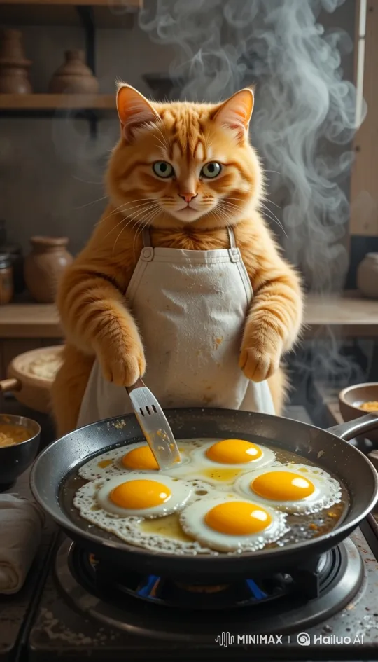 Orange Cat Cooks Sunny-Side-Up Eggs in Rustic Kitchen – AI Generated Video | Hailuo AI
