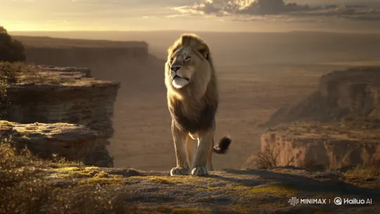 Golden Hour Majesty: Slow-Motion Lion on Cliff – AI Generated Video | Hailuo AI