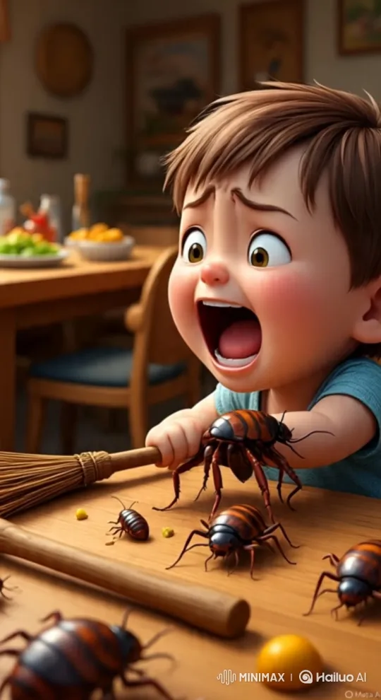 Young Boy Frantically Sweeps Cockroaches Away – AI Generated Video | Hailuo AI