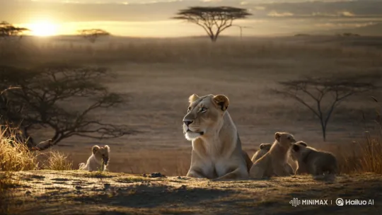 Lioness Protectively Watches Playful Cubs Under Sunset – AI Generated Video | Hailuo AI