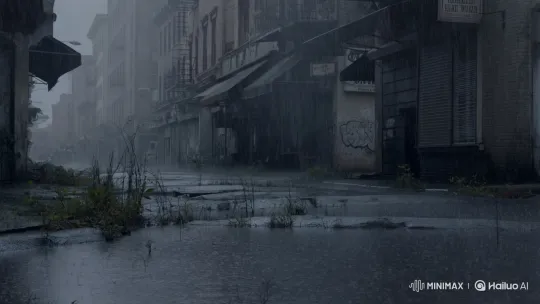 Abandoned City Street Under Steady Rain – AI Generated Video | Hailuo AI