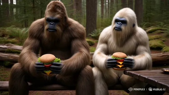 Bigfoot and Yeti Share Burgers in Peaceful Forest Setting – AI Generated Video | Hailuo AI