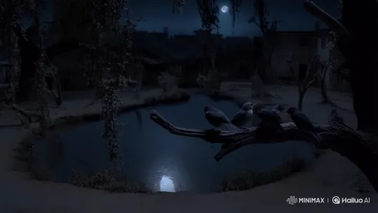 Eerie Night: Trembling Birds in Deserted Village – AI Generated Video | Hailuo AI