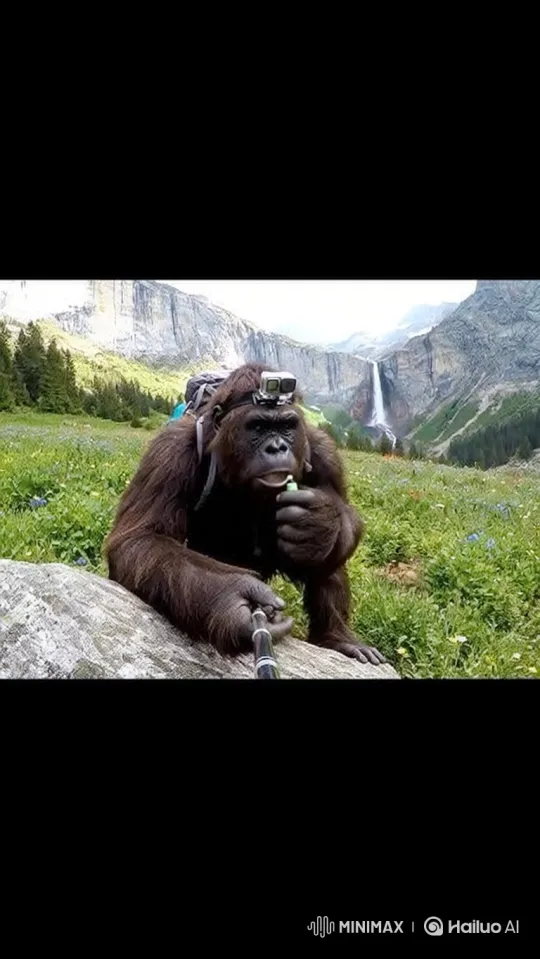 Ape-like Creature Vapes in Mountain Meadow – AI Generated Video | Hailuo AI