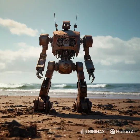Rustic Bipedal Robot Walks on Sandy Beach – AI Generated Video | Hailuo AI