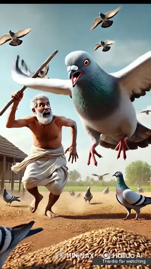 Elderly Man Fights Off Giant Pigeon in Rural Village – AI Generated Video | Hailuo AI