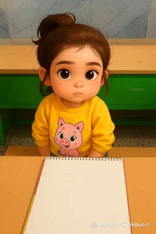 Young Girl Sketches Cartoon Pig in Classroom – AI Generated Video | Hailuo AI