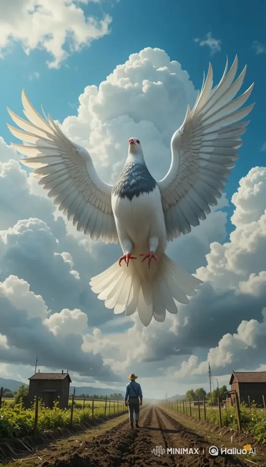Giant Pigeon's Majestic Descent Over Farming Landscape – AI Generated Video | Hailuo AI