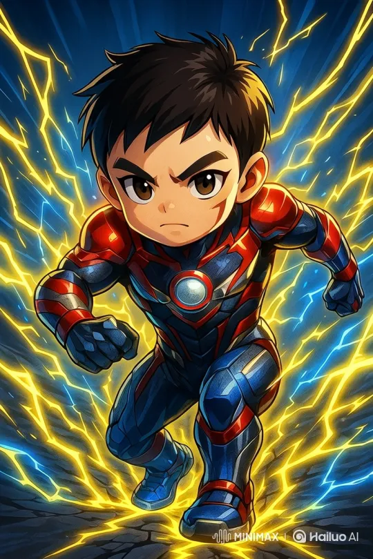 Young Chibi Boy in High-Tech Suit Swings on Skyscraper – AI Generated Video | Hailuo AI