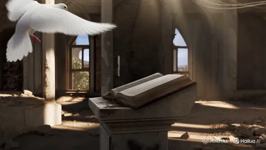 White Dove Lands on Bible in Ruined Church – AI Generated Video | Hailuo AI