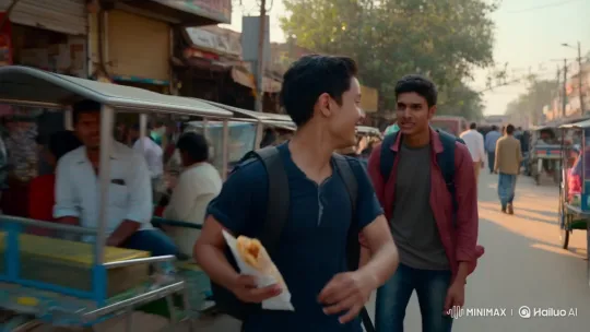 Young Man Flees with Chicken Roll, Friend in Pursuit – AI Generated Video | Hailuo AI