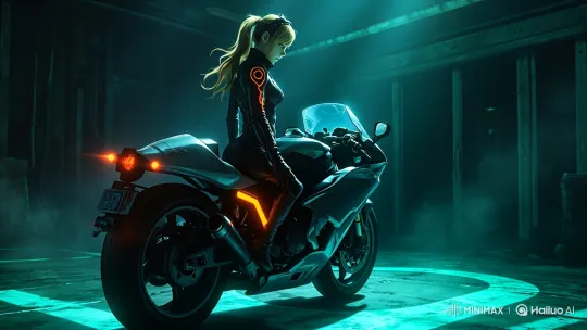 Futuristic Motorcycle and Rider in Industrial Garage Setting – AI Generated Video | Hailuo AI