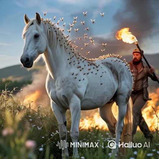 Man Approaches Stung Horse with Torch in Meadow – AI Generated Video | Hailuo AI