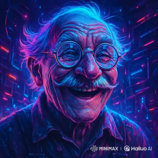 Elderly Man's Infectious Joy in Neon-Lit Portrait – AI Generated Video | Hailuo AI